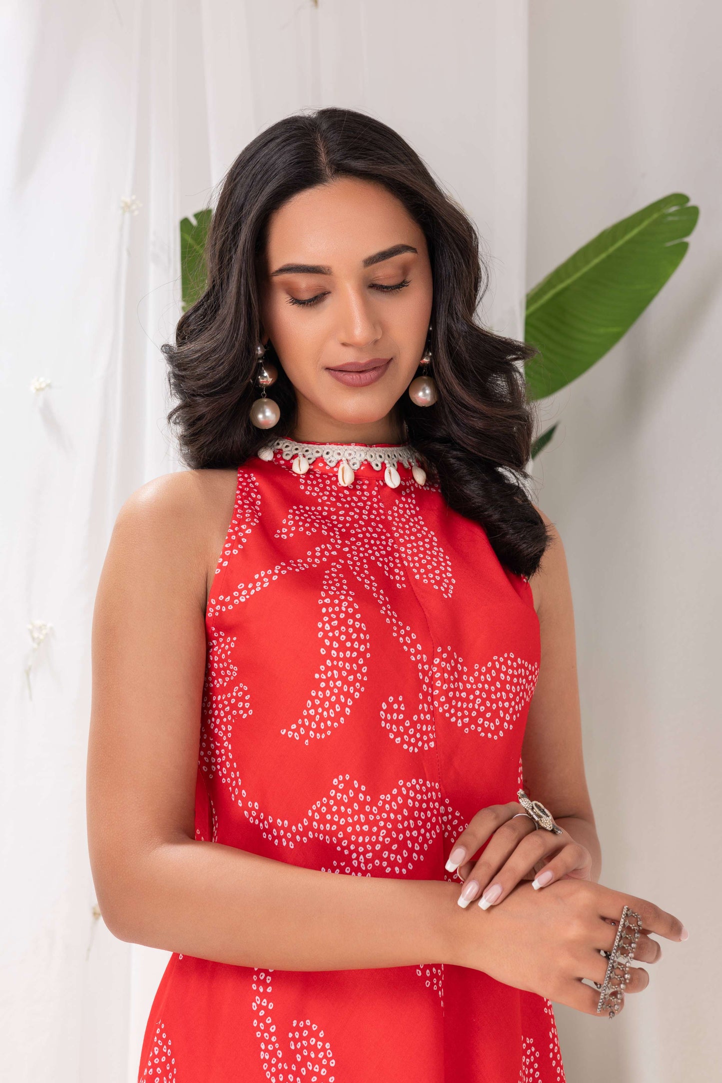 RED BANDHANI PRINTED HALTER SUIT SET
