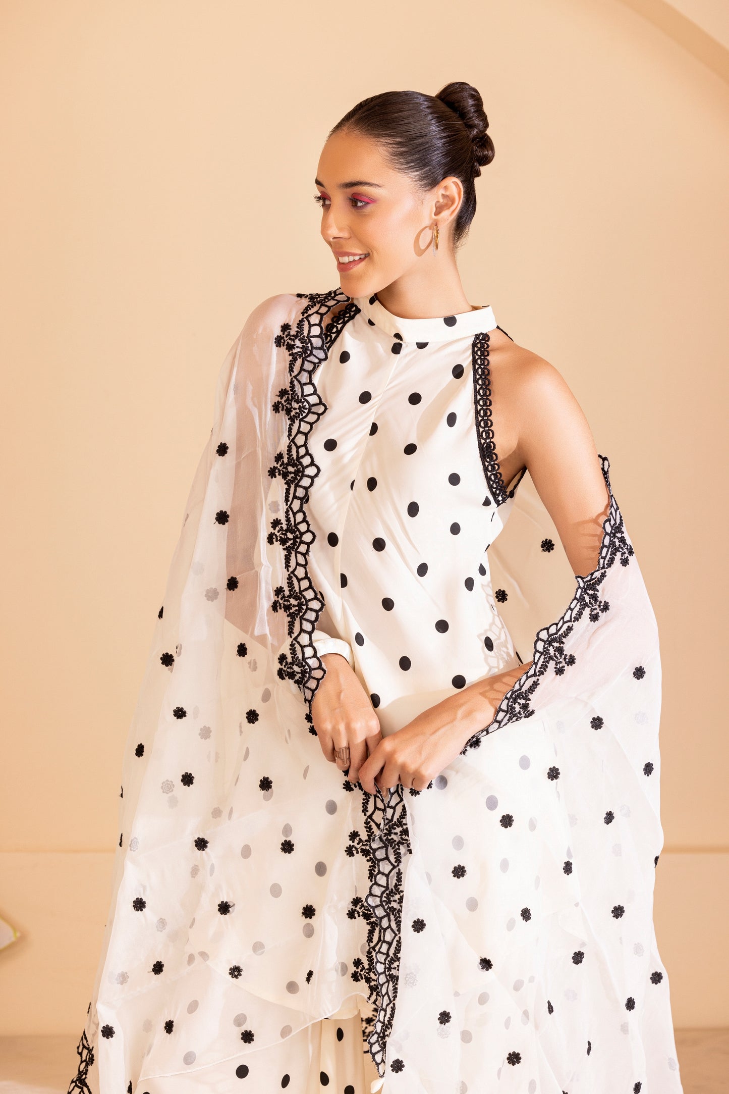 BLACK POLKA DOT SET WITH EMBROIDERED ORGANZA DUPATTA