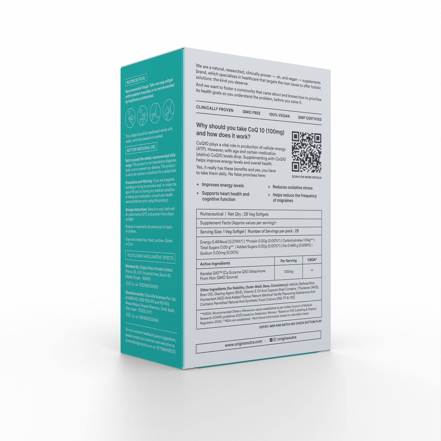 Origins Nutra Naturals CoQ-10 (100mg) | Boost Energy & Stamina, Supports Heart Health, Relieves Migraine | CoQ 10 | GMP Certified | For Men & Women | 28 Veg Soft Gels.