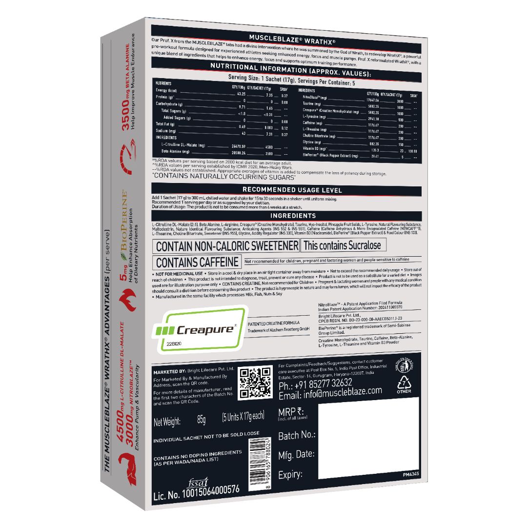 MuscleBlaze Pre Workout WrathX with Creapure®, Nitroblaze & BioPerine (Cola Frost, 85g, Pack of 5)