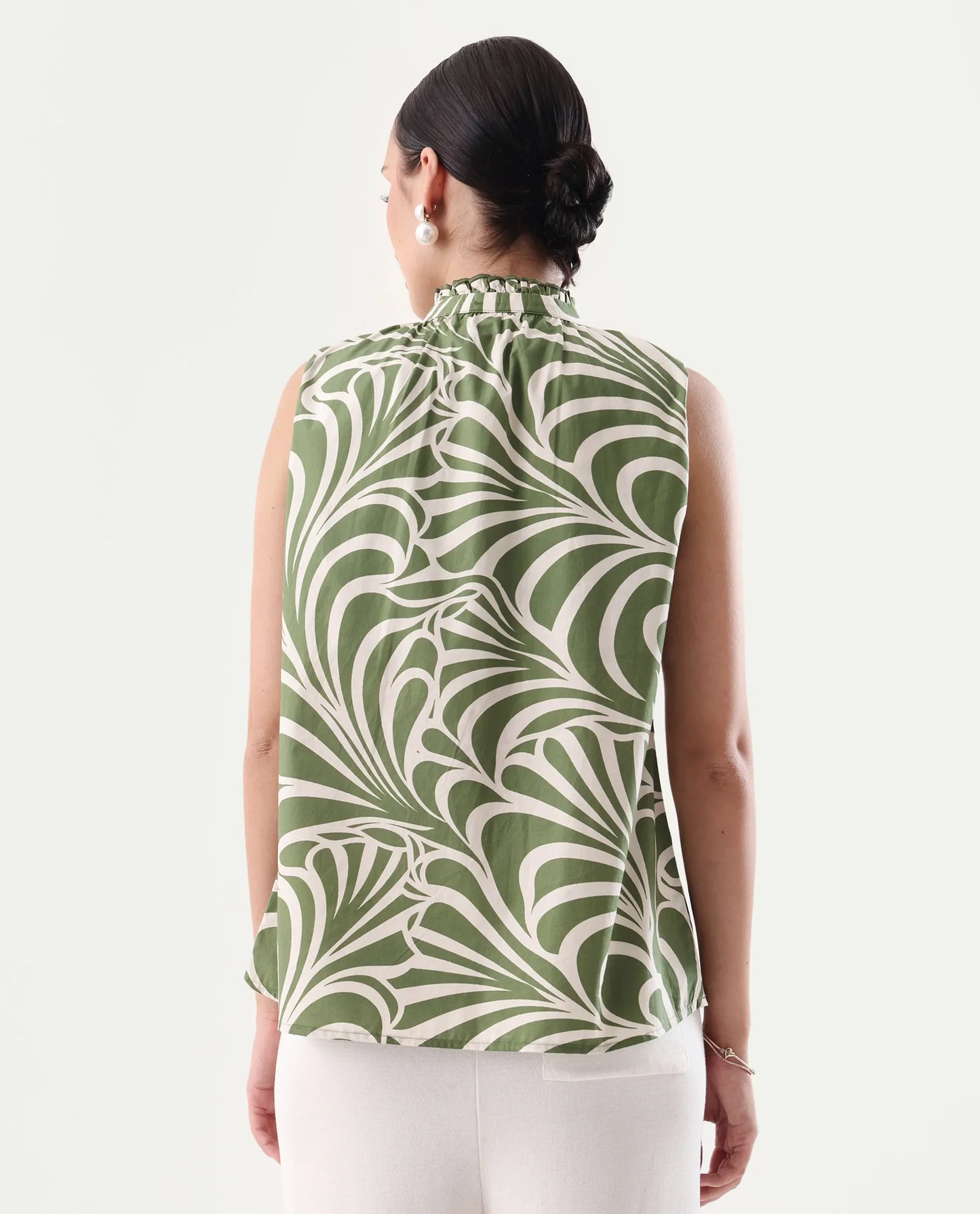 Rareism Women's Elcie Olive Cotton Mandarin Collar Regular Fit Top | RAREISM at Broadway