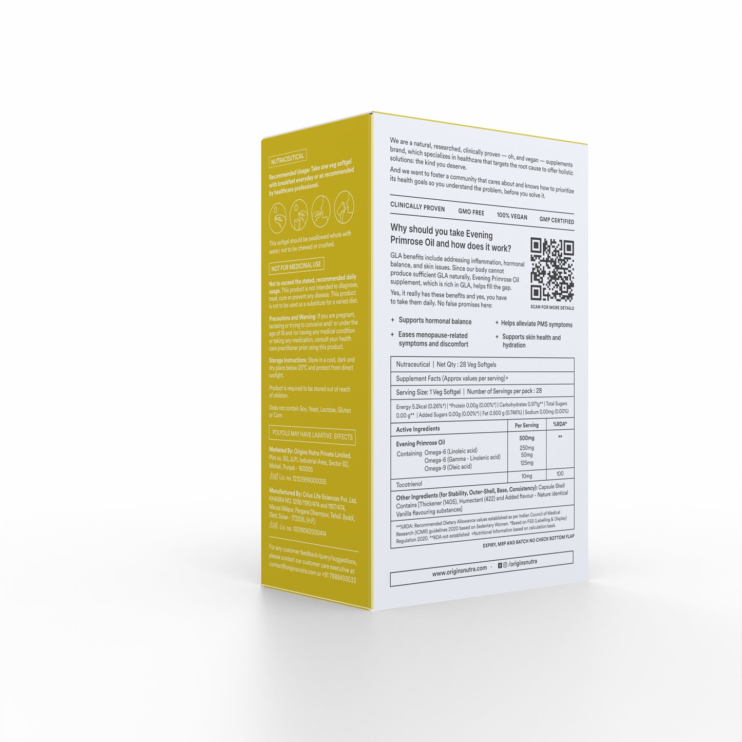 Origins Nutra Evening Primrose Oil | Supports Hormonal Balance, Lowers PMS Symptoms, Improves Skin Health| Evening Primrose Oil | GMP Certified | For Men & Women | 28 Veg Soft Gels.