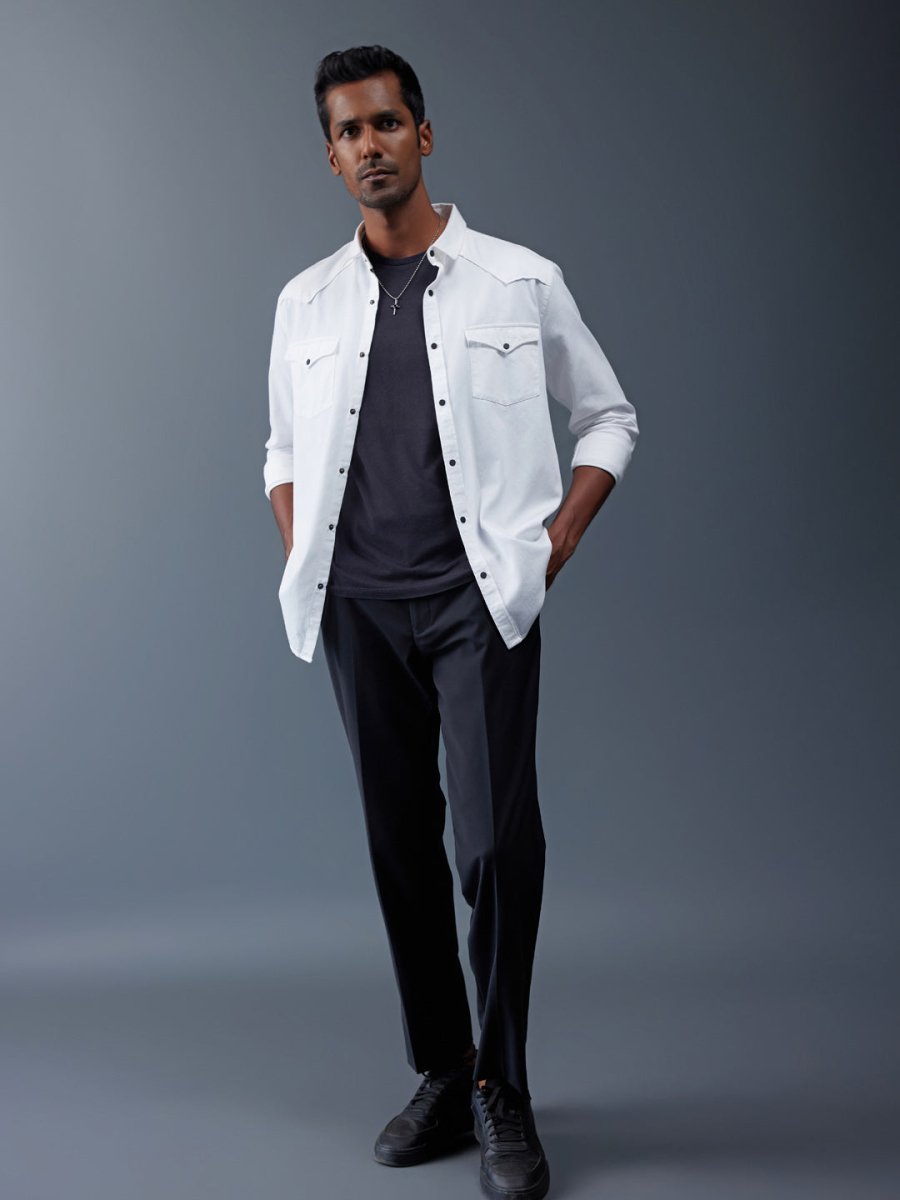 White Solid Cotton Twill Biker Shirt