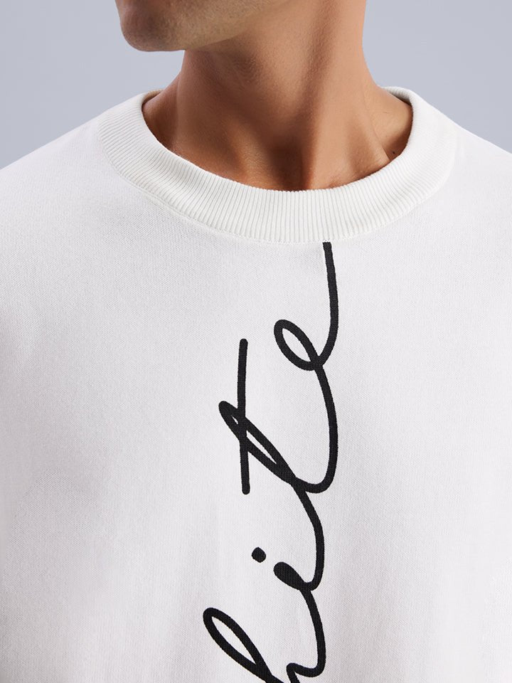 White Typographic Print Oversized Knitted Sweater