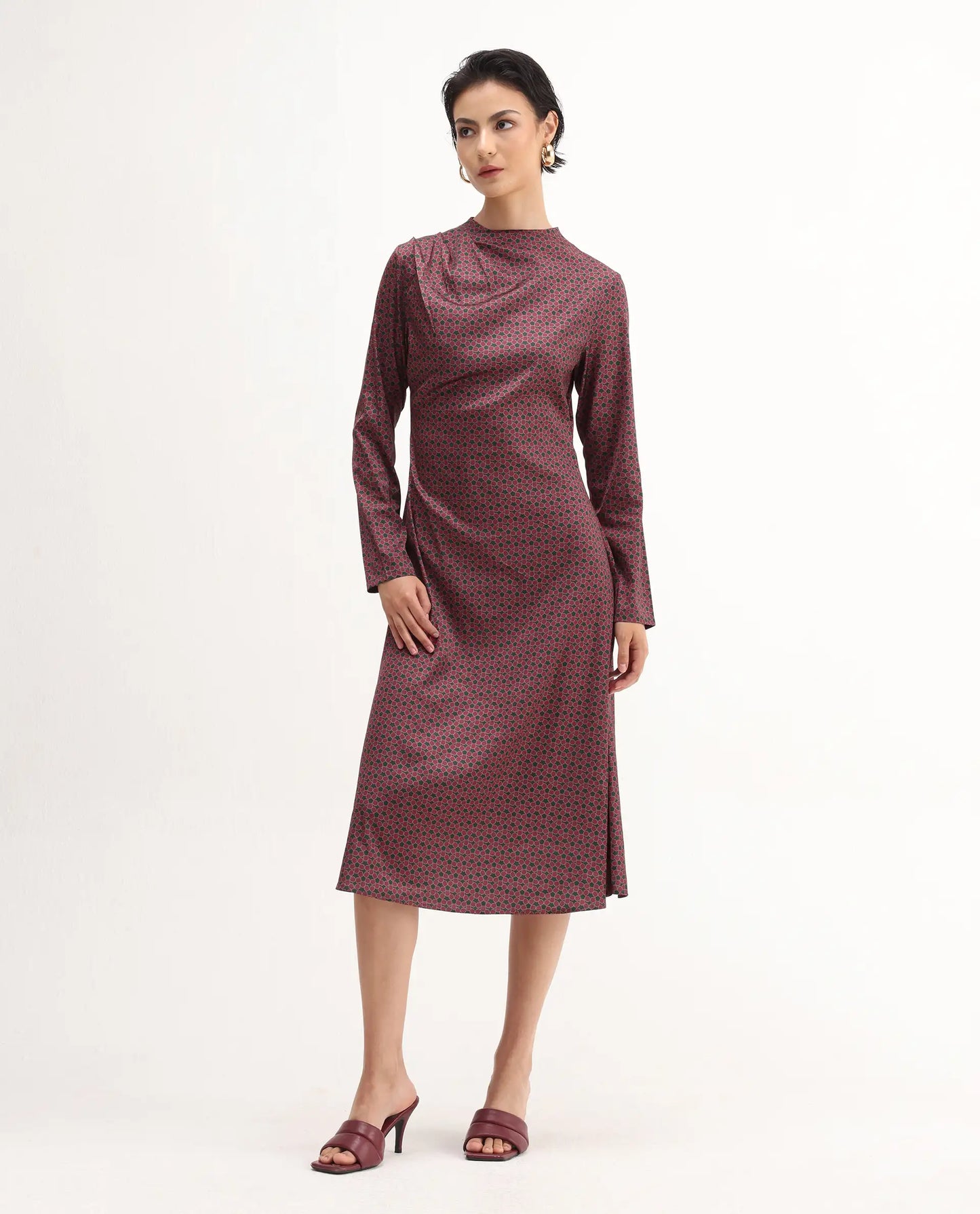 Rareism Women's Jenlio Dark Green Polyester High Neck Fitted Geometric Print Midi Dress | RAREISM at Broadway