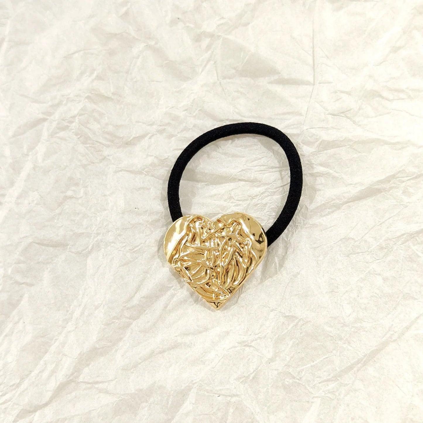 Crushed Heart Textured Golden Hair Tie – Molten Metallic Elastic JLTS0551 | Just Lil Things at Broadway