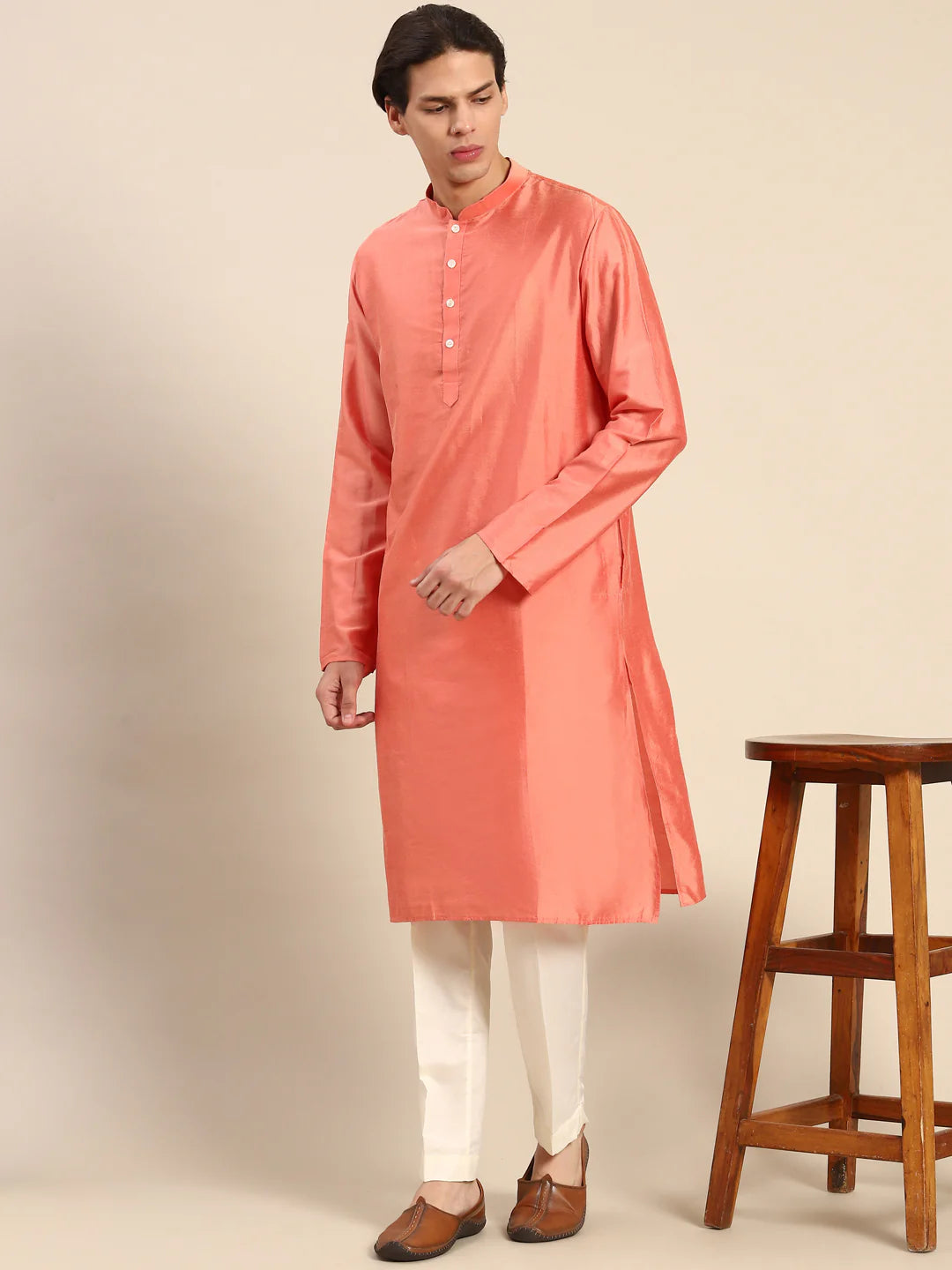 Mens Solid Cotton Blend Cream Trouser