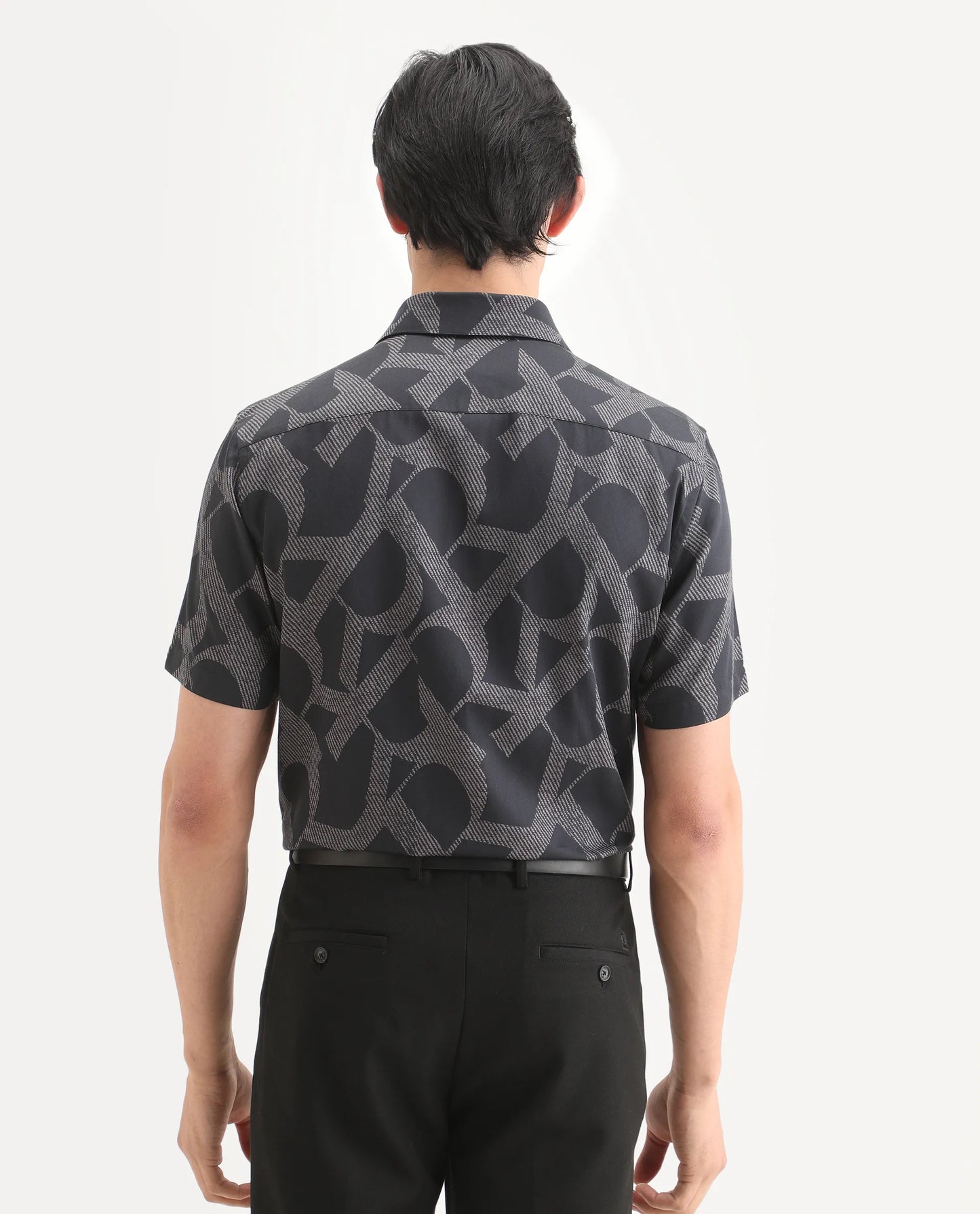 Rare Rabbit Men's Milo Black Cotton Fabric Half Sleeve Spread Collar Regular Fit Monogram Print Shirt