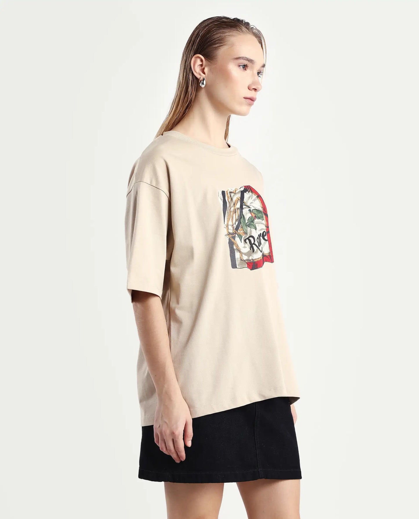 Rareism Women's Nouv Beige Cotton Crew Neck Oversized Fit T-Shirt | RAREISM at Broadway