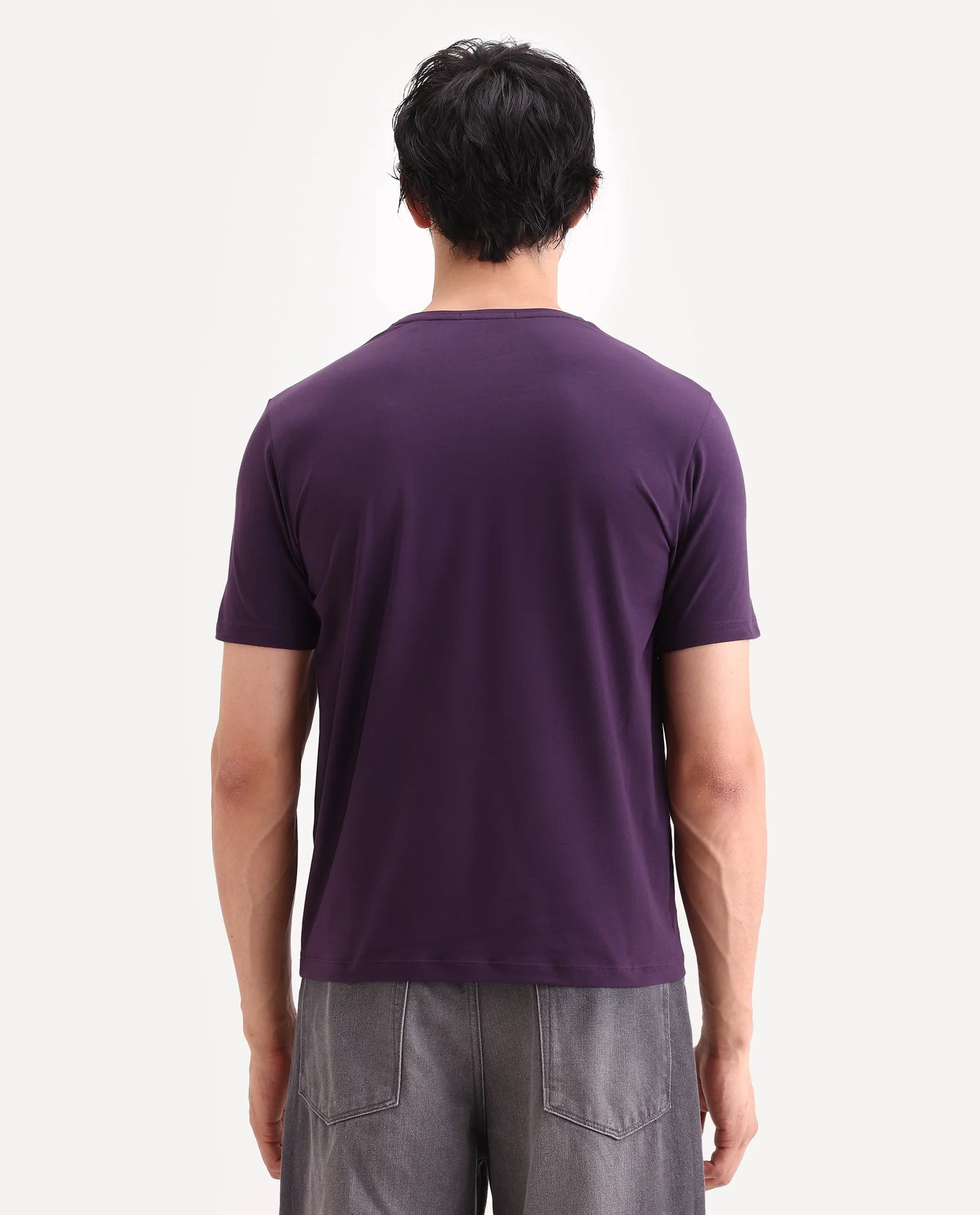 Rare Rabbit Men's Rabbit-S26 Dark Purple Cotton Blend Fabric Half Sleeve Crew Neck Regular Fit Plain T-Shirt