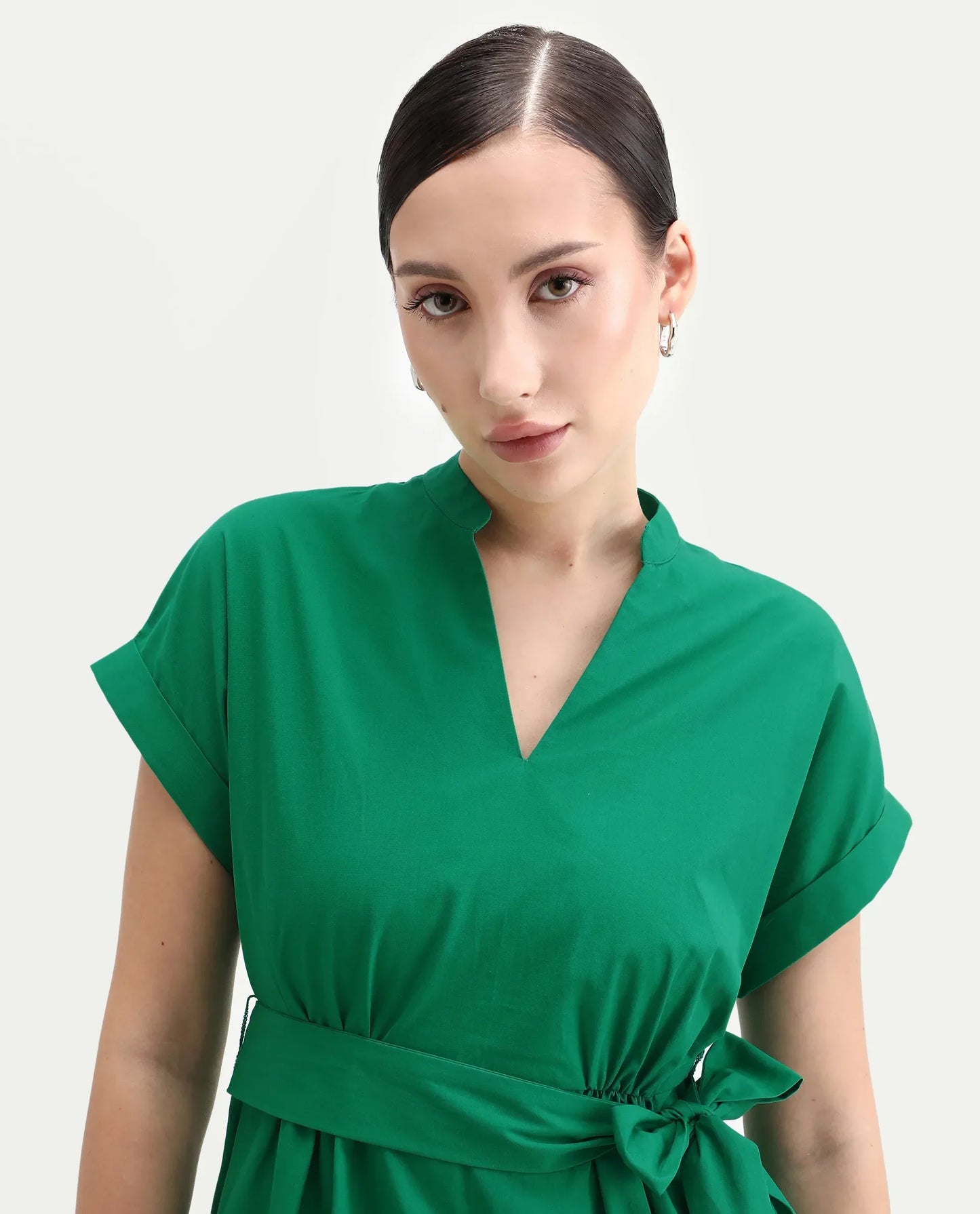 Rareism Women's Eleri Green Polyester Extended Sleeves Mandarin Collar A-Line Fit Plain Midi Dress | RAREISM at Broadway