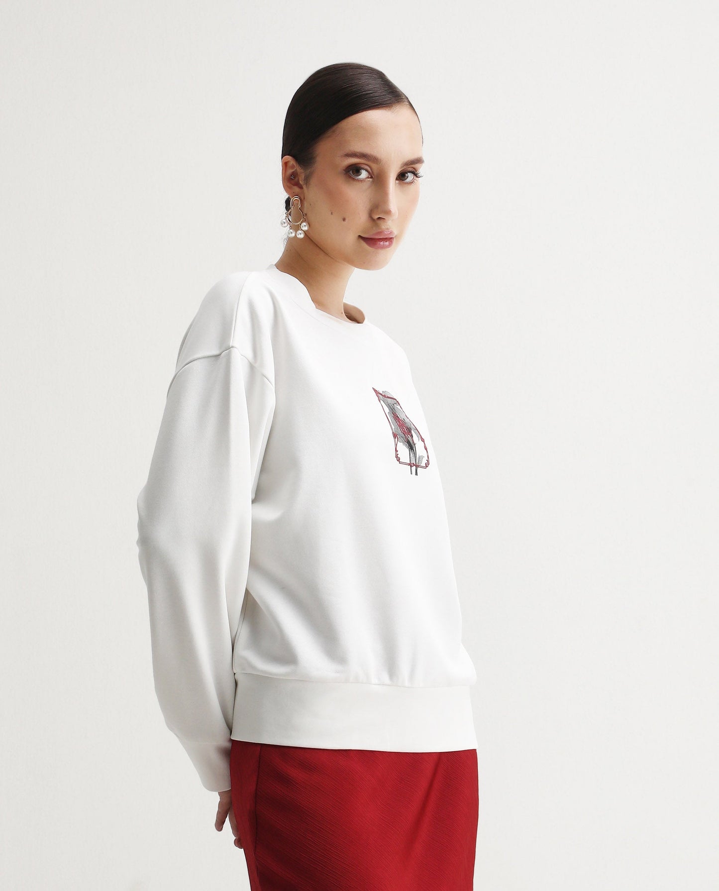 Rareism Women's Taq Off White Cotton Blend Crew Neck Relaxed Fit Graphic Print Sweatshirt | RAREISM at Broadway