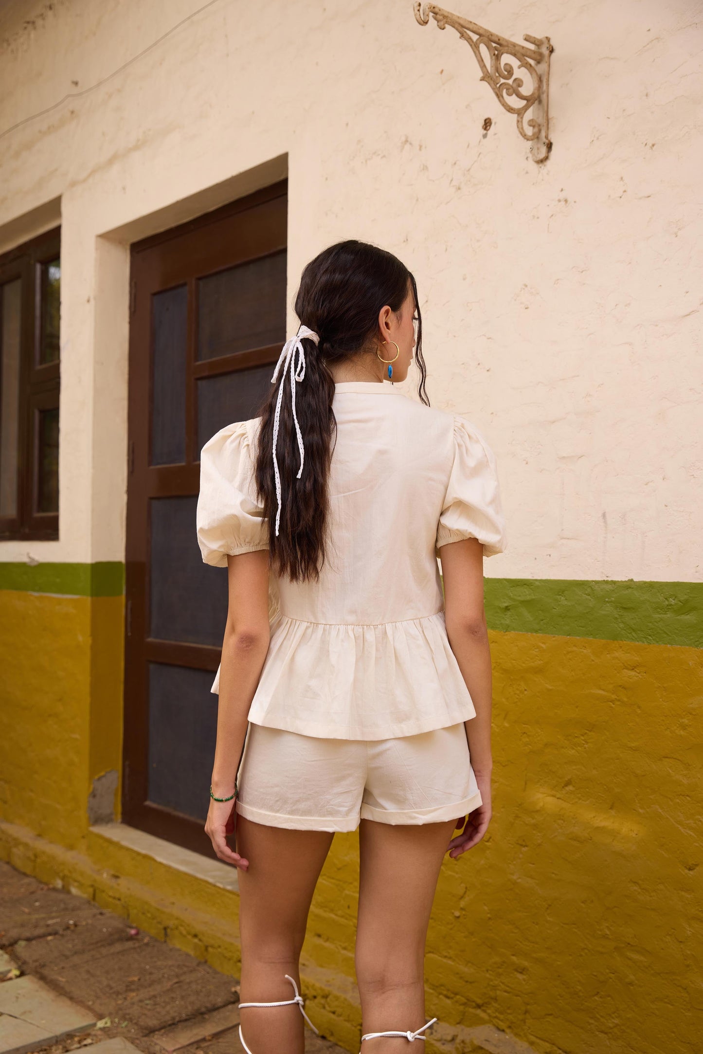 Off White Front Tie-Up Peplum Top