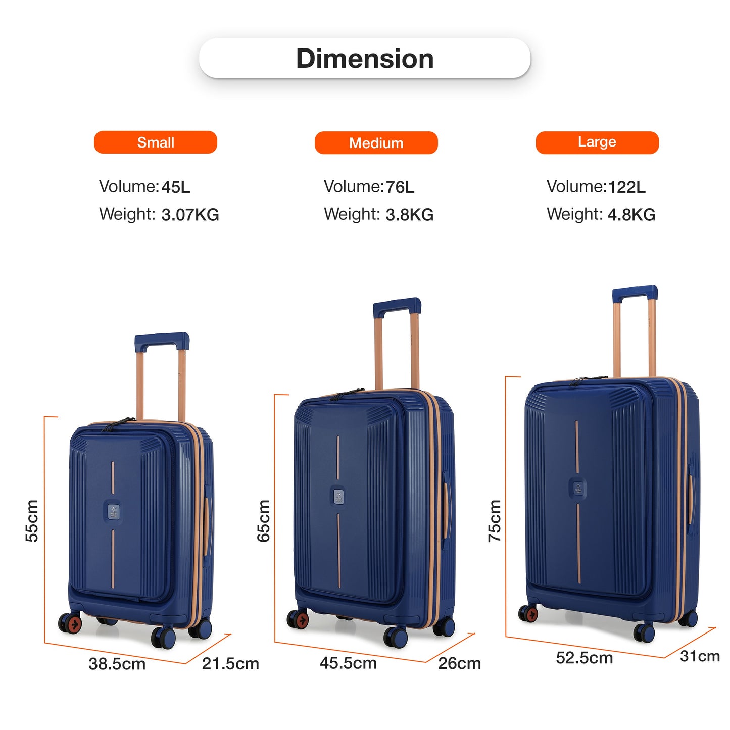 Nasher Miles Alexandria Hard-Sided Polypropylene TSA Lock Check-in Luggage 24 inch | 65cm | 8 Wheels Medium Trolley Bag for Travel | Suitcase (Navy Blue Peach)