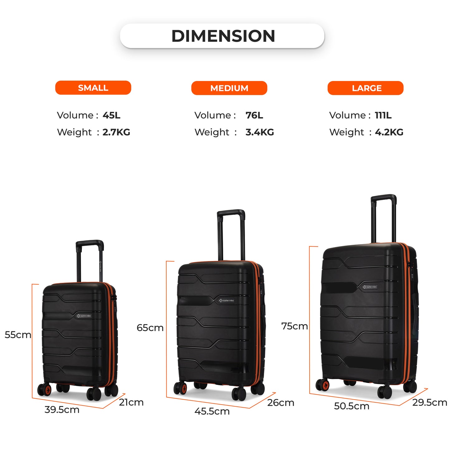 Nasher Miles Cannes Hard-sided Polypropylene Check-In Luggage Black Orange 24 inch | 65 cm Medium Trolley bag