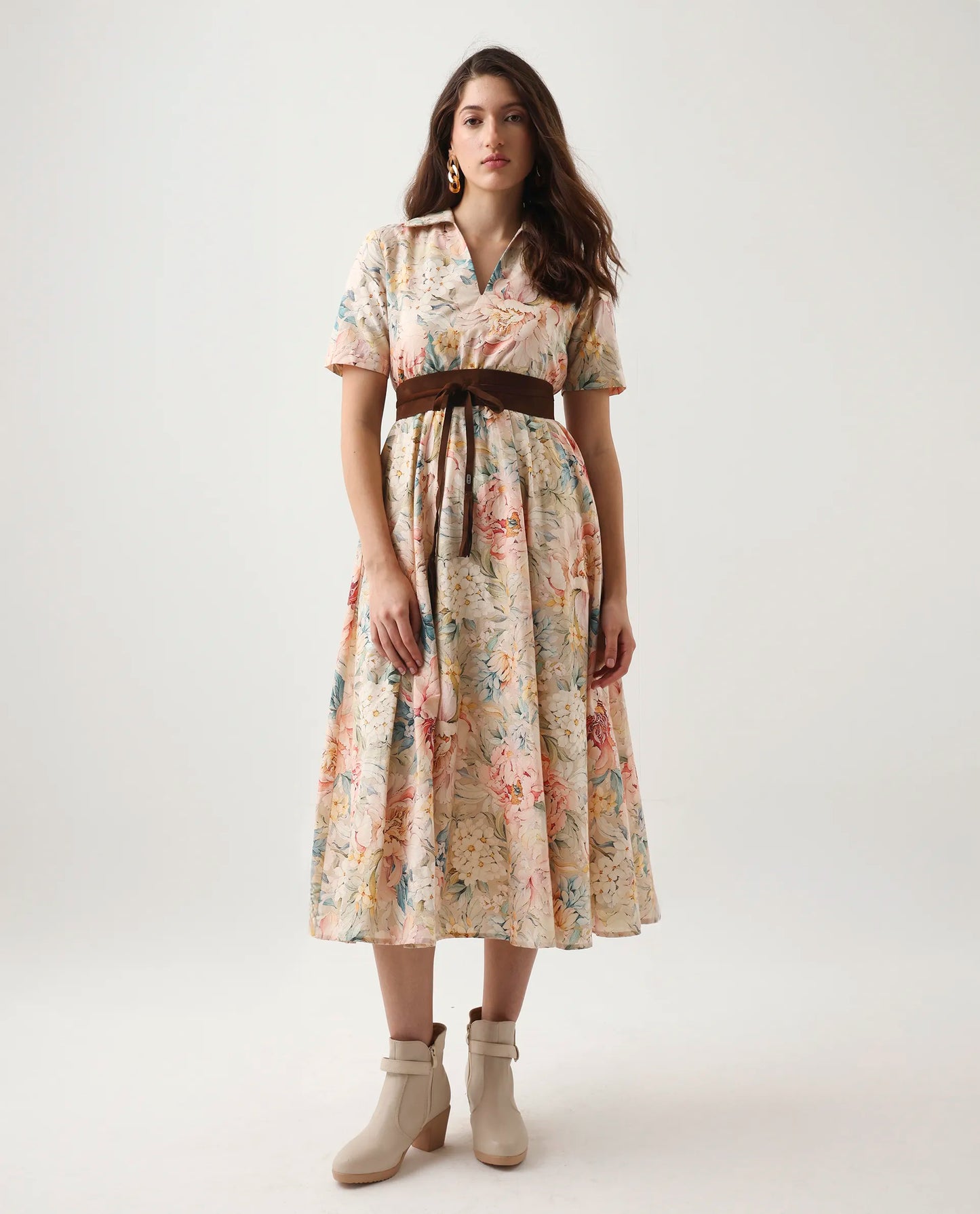 Rareism Women's Jetto Light Multi Cotton Collared Neck Fit And Flare Printed Midi Dress | RAREISM at Broadway