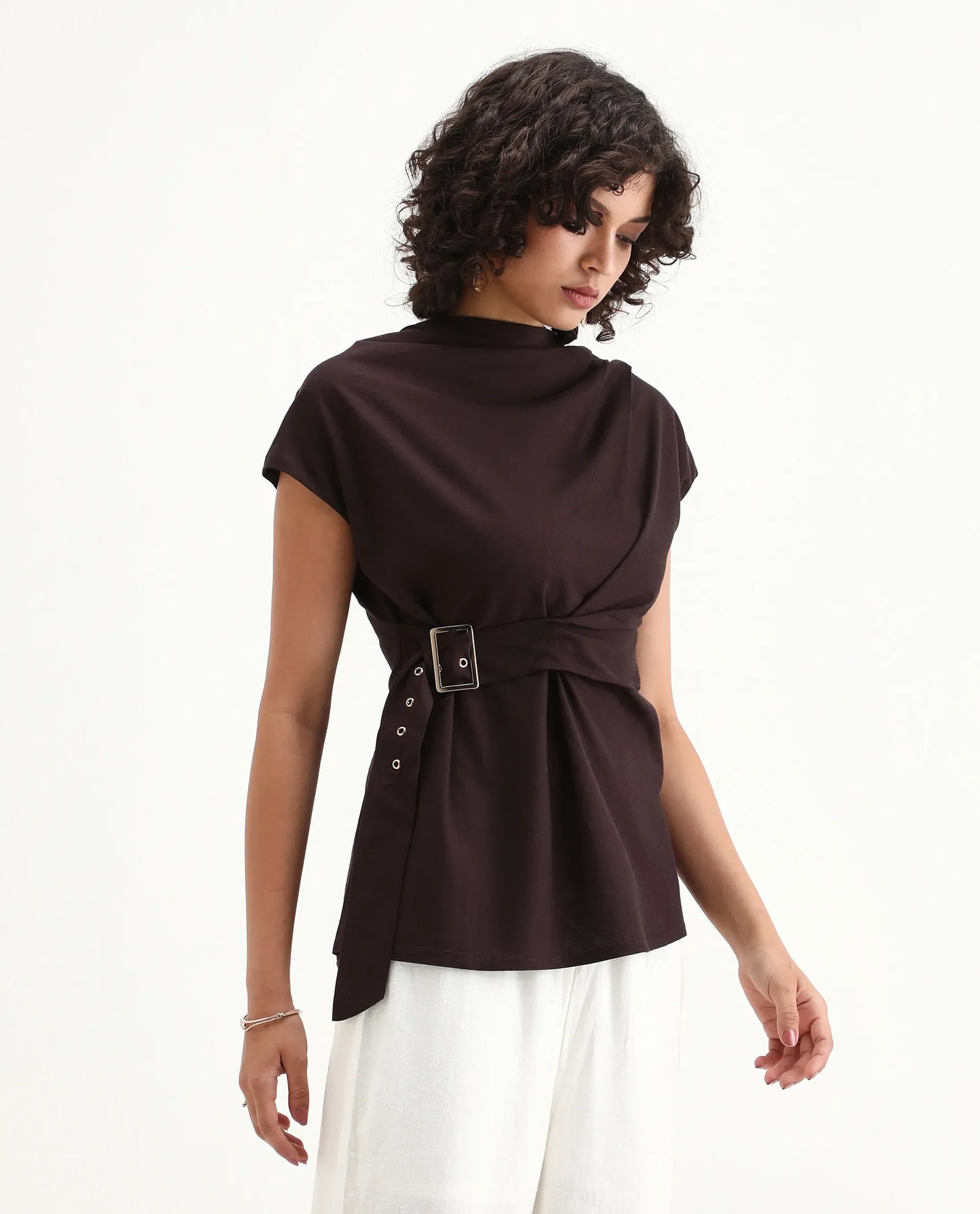 Rareism Women's Nusero Brown Viscose Sleeveless Cowl Neck Regular Fit Plain Top | RAREISM at Broadway