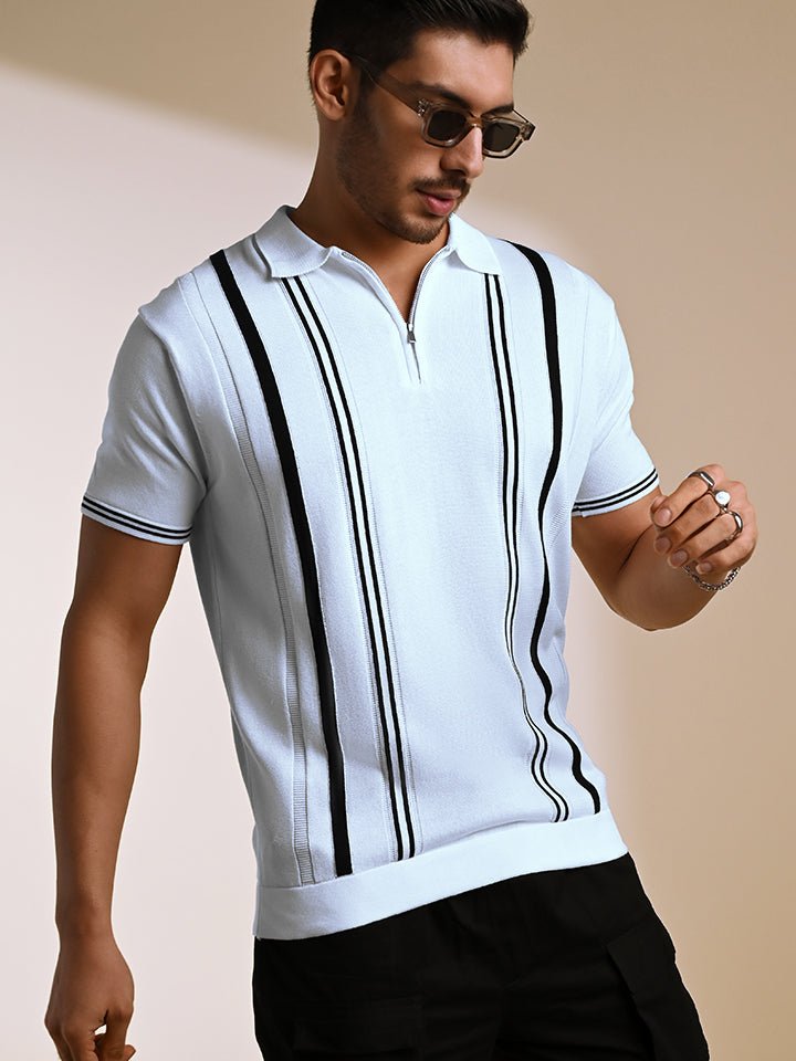 Men's White and Black Striped Knitted Polo T-shirt
