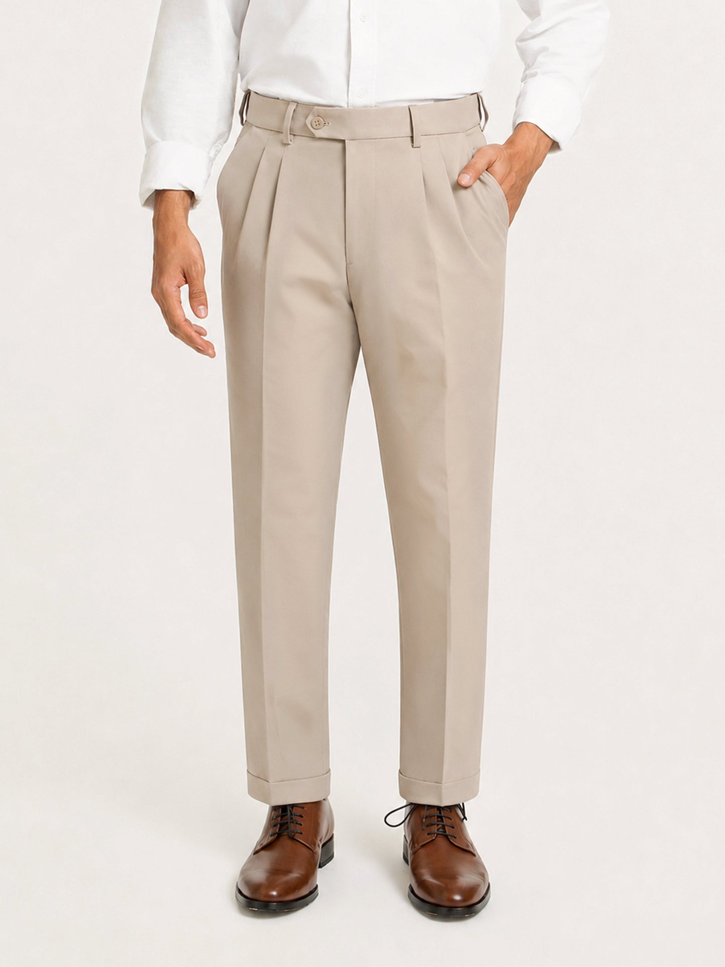 Japanese Beige Straight Fit Pleated Formal Trousers