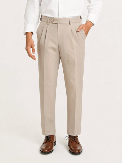 Japanese Beige Straight Fit Pleated Formal Trousers