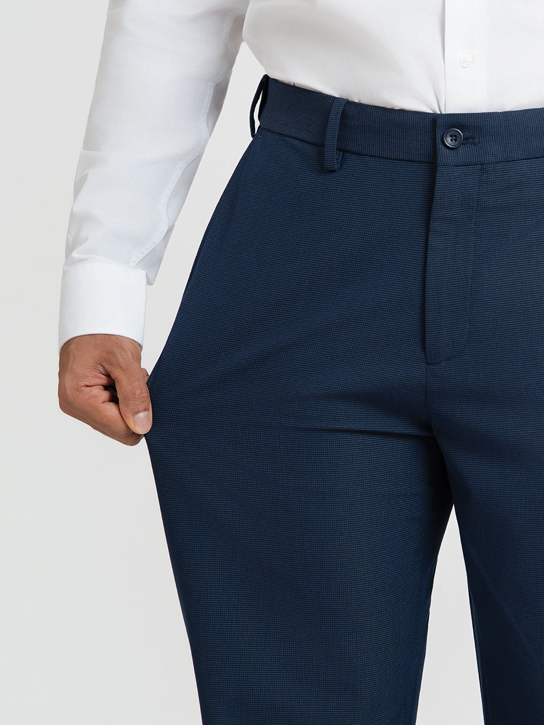 Trench Blue Micro Checks Relaxed Fit Formal Trousers