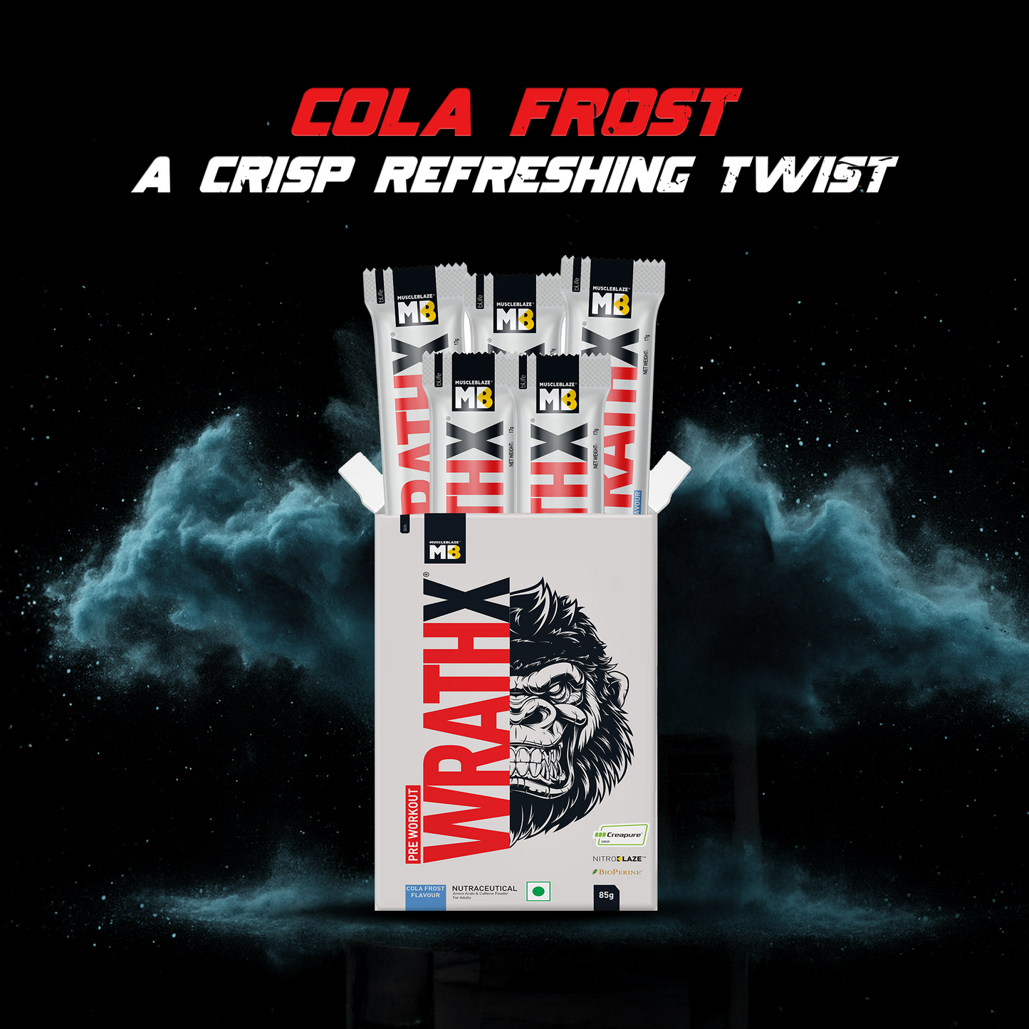 MuscleBlaze Pre Workout WrathX with Creapure, Nitroblaze & BioPerine (Cola Frost, 85g, Pack of 5) | MuscleBlaze at Broadway