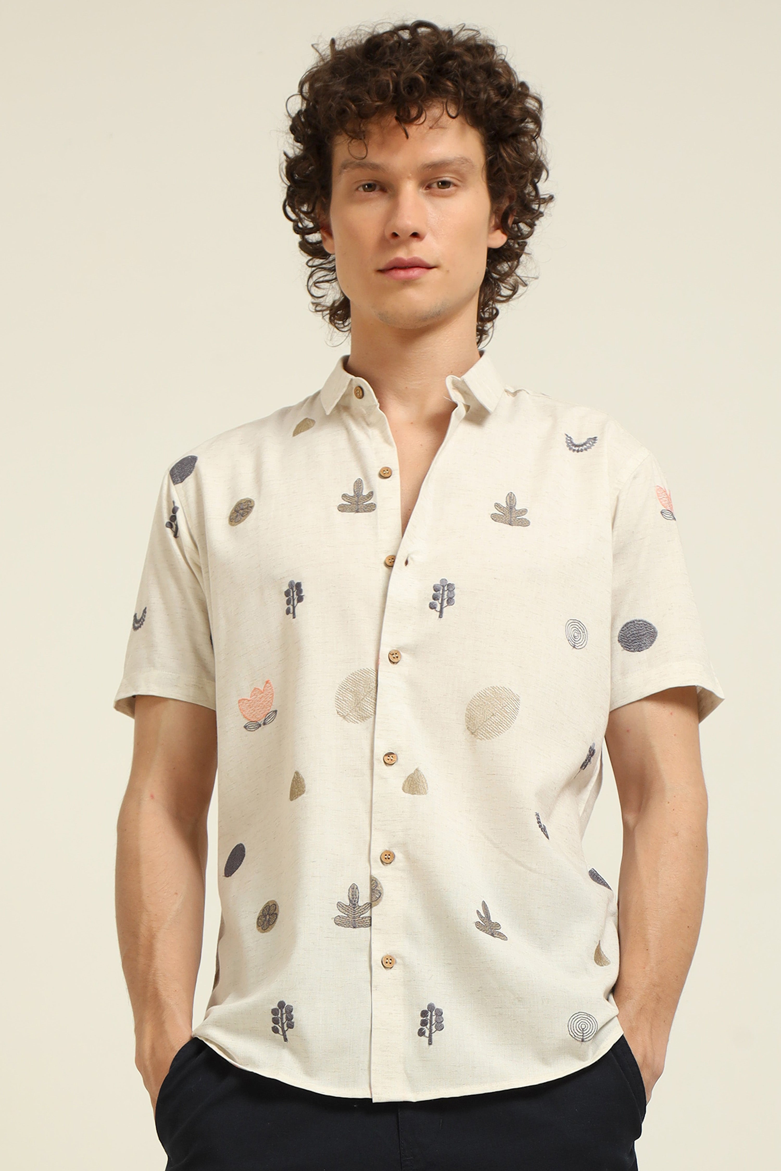 All over Embroidery Half-Sleeve Beige shirt | Hamptons at Broadway