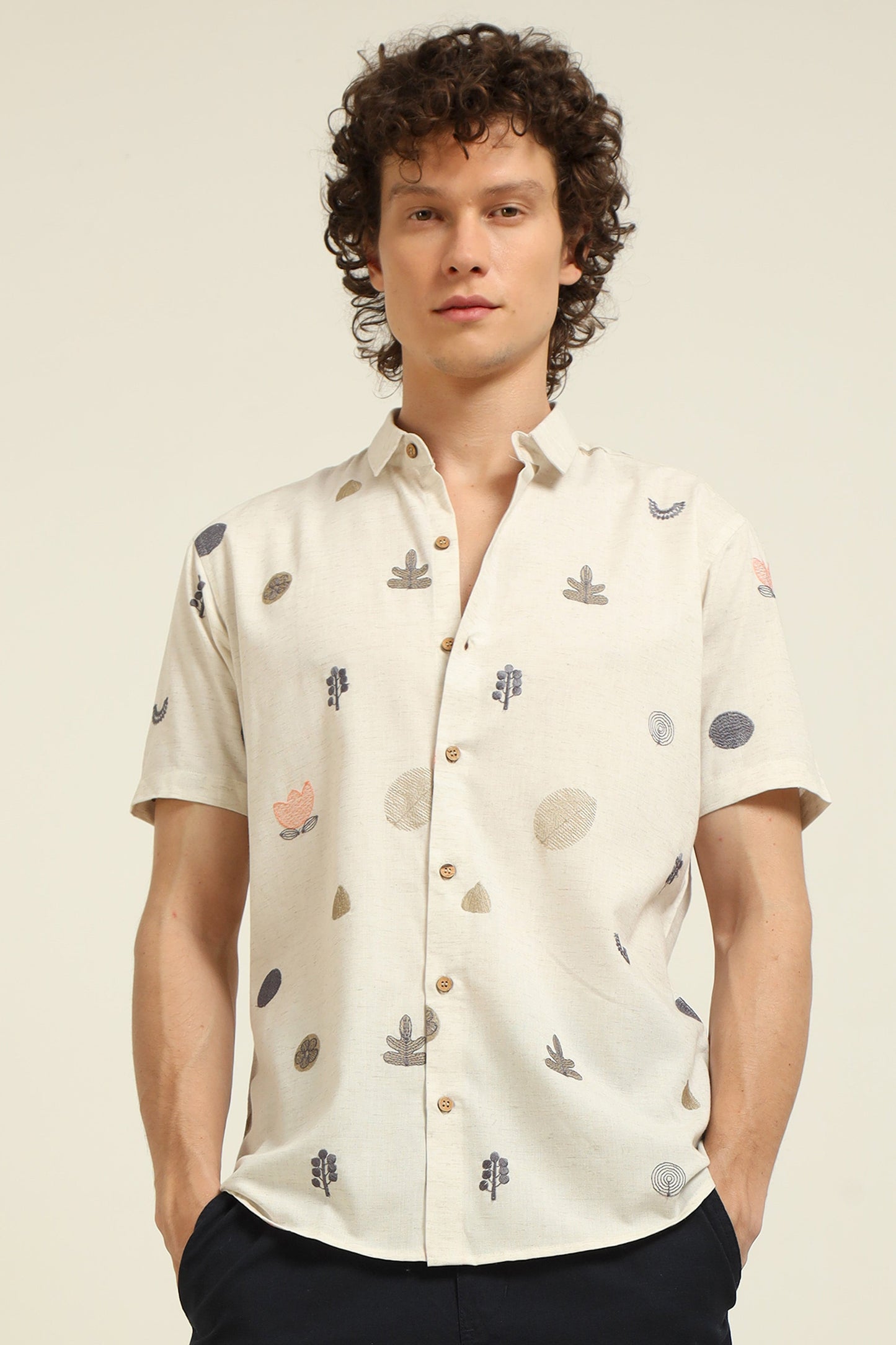All over Embroidery Half-Sleeve Beige shirt
