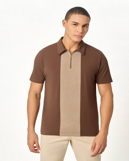 Brown Zipper Polo For Men â€“ Twill Panel Edition