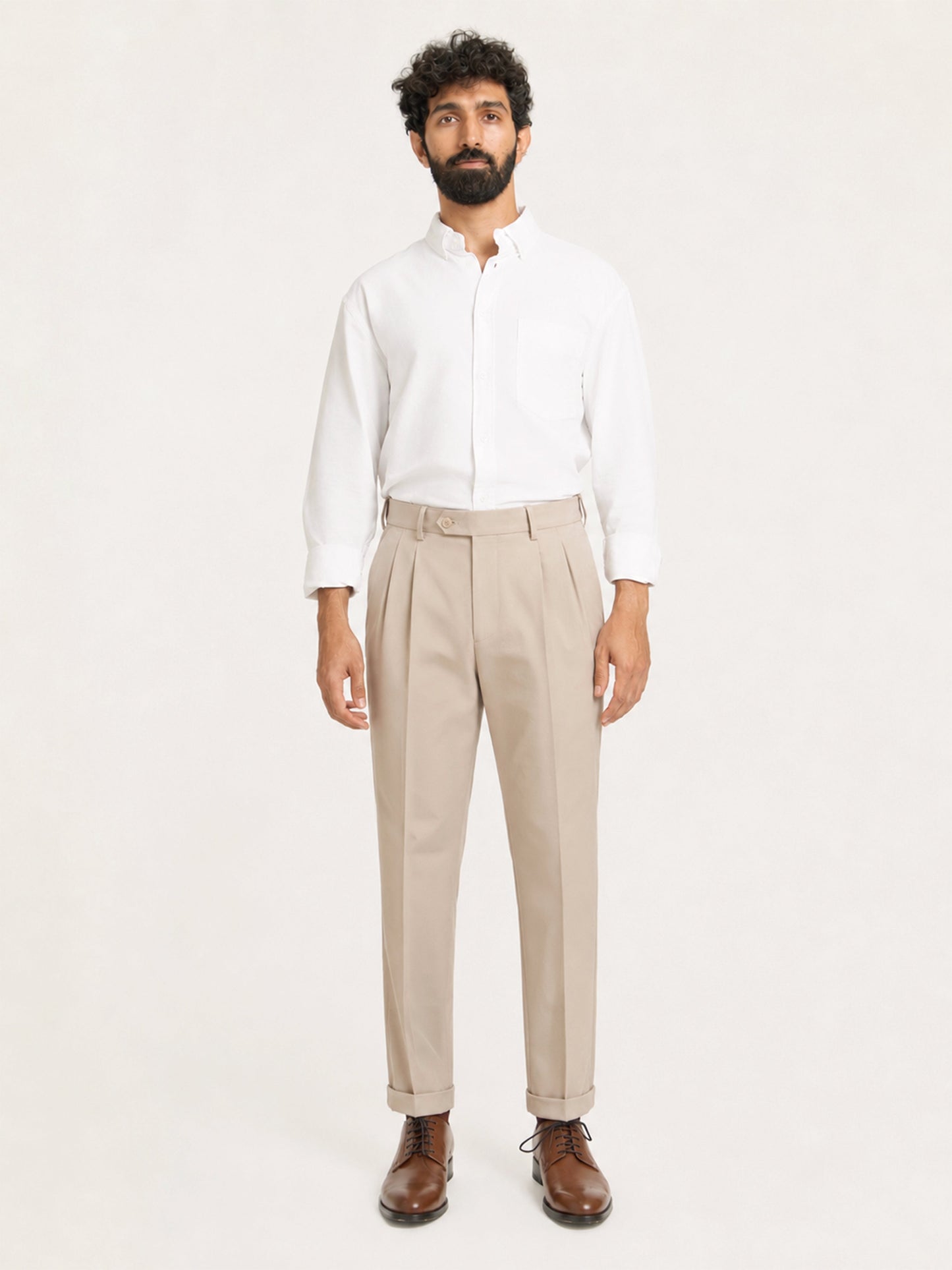 Japanese Beige Straight Fit Pleated Formal Trousers