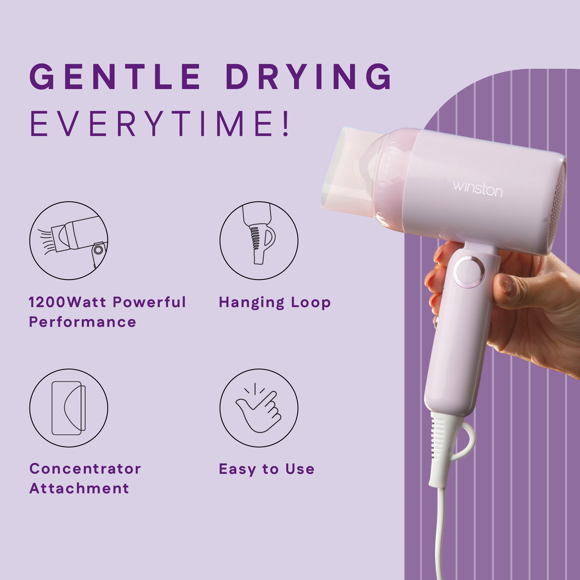 Hair Dryer 1200W | Foldable, Low Noise & Detachable Concentrator | Winston at Broadway