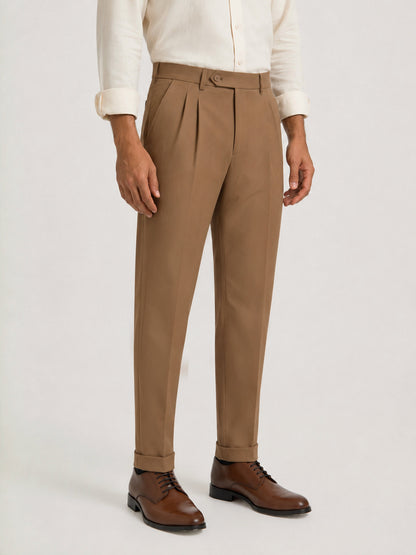 Japanese Brown Straight Fit Pleated Formal Trousers
