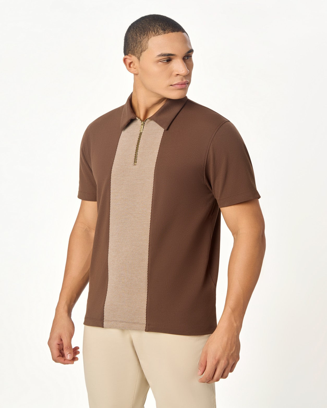 Brown Zipper Polo For Men â€“ Twill Panel Edition