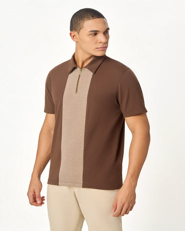 Brown Zipper Polo For Men â€“ Twill Panel Edition
