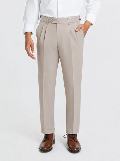 Japanese Beige Straight Fit Pleated Formal Trousers