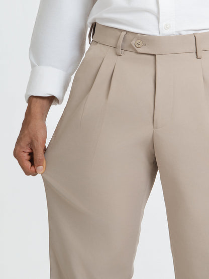 Japanese Beige Straight Fit Pleated Formal Trousers
