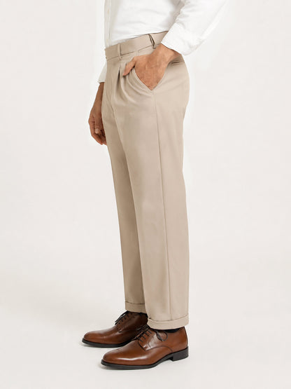 Japanese Beige Straight Fit Pleated Formal Trousers