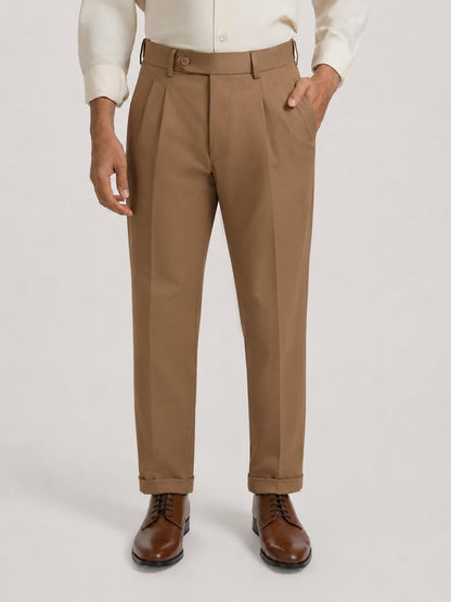 Japanese Brown Straight Fit Pleated Formal Trousers
