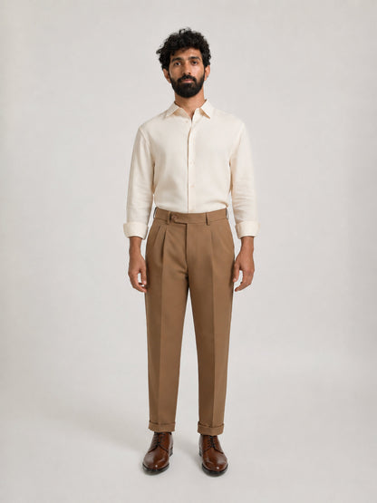 Japanese Brown Straight Fit Pleated Formal Trousers