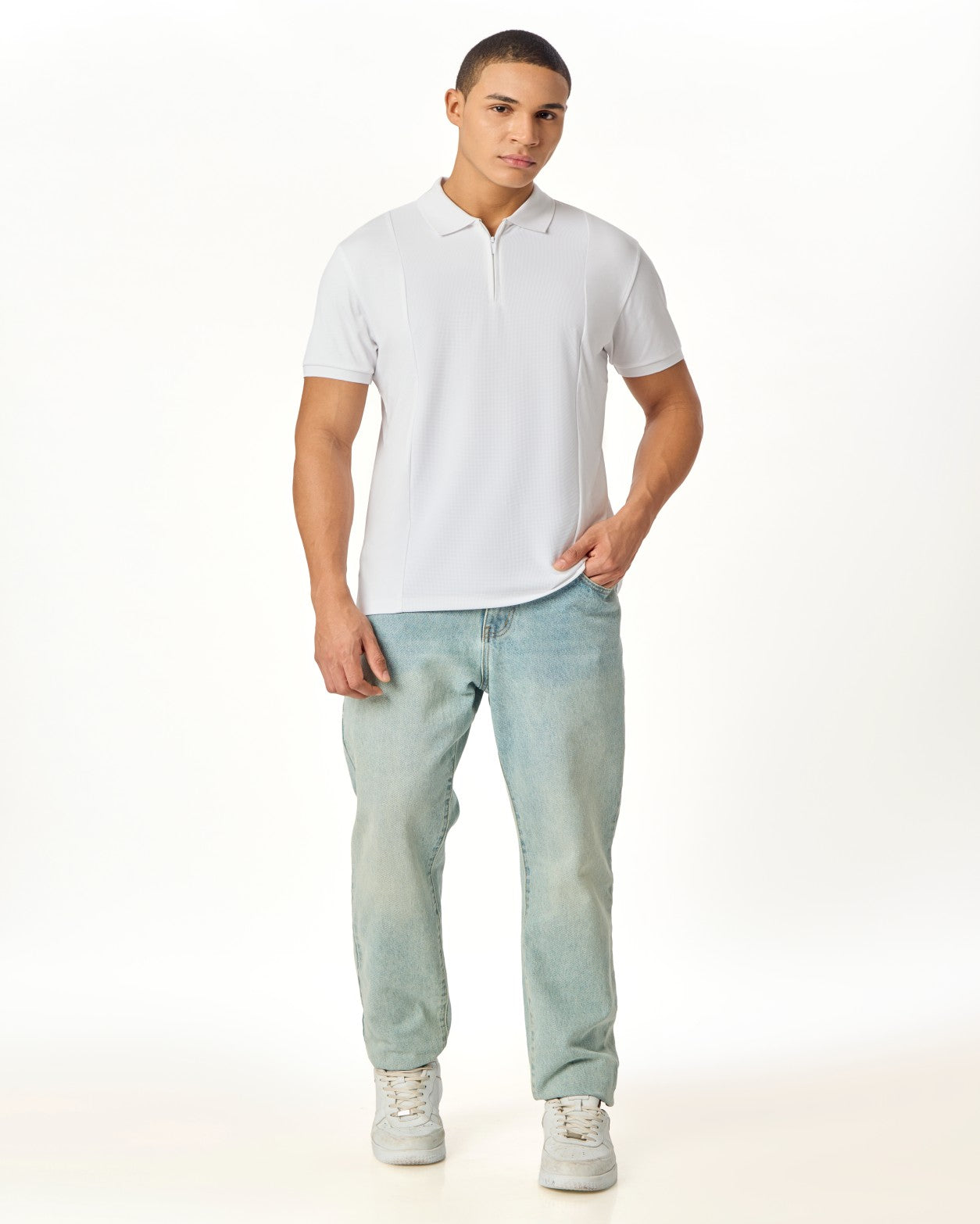 NOIR LUXE  ZIPPER POLO WHITE