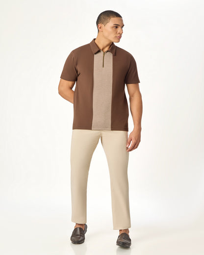 Brown Zipper Polo For Men â€“ Twill Panel Edition