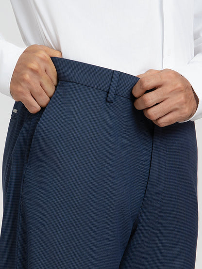 Offshore Blue Mini Checks Relaxed Fit Formal Trousers