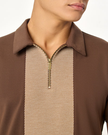Brown Zipper Polo For Men â€“ Twill Panel Edition