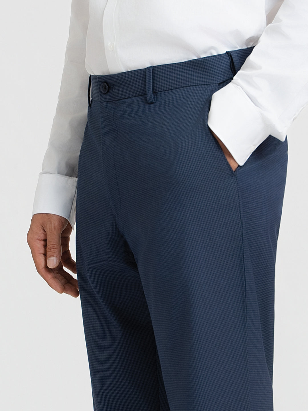 Offshore Blue Mini Checks Relaxed Fit Formal Trousers