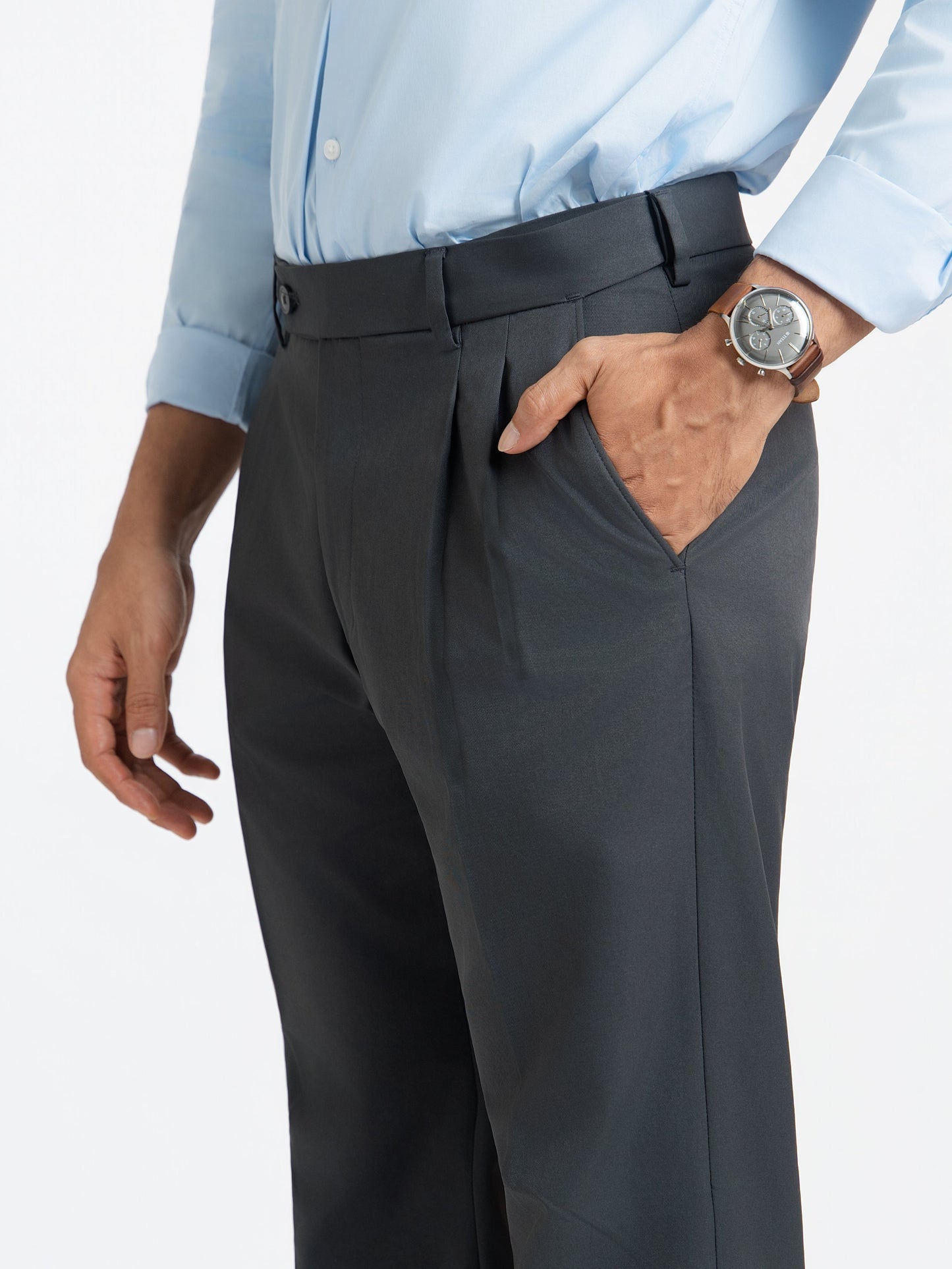Japanese Grey Straight Fit Pleated Formal Trousers