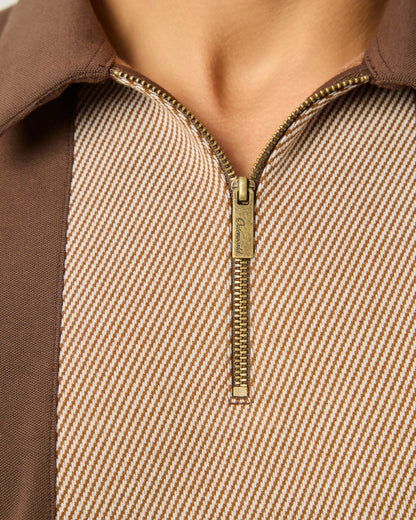 Brown Zipper Polo For Men â€“ Twill Panel Edition