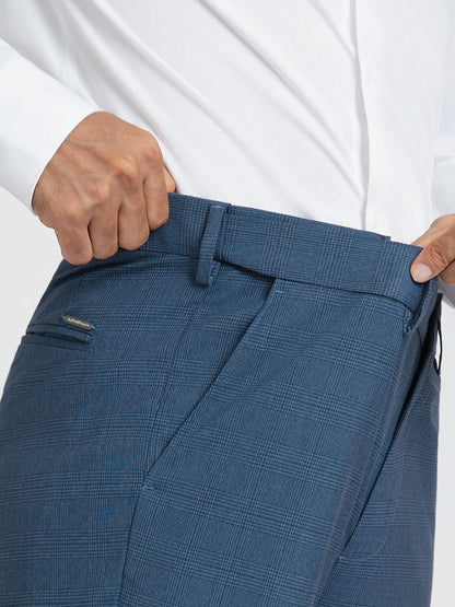 Dynasty Blue Checks Relaxed Fit Formal Trousers