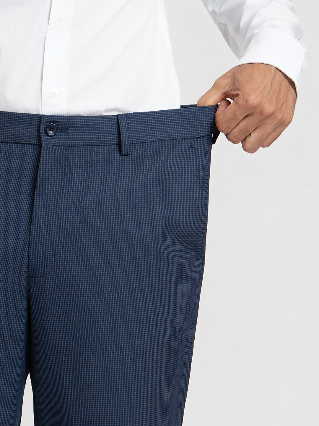 Offshore Blue Mini Checks Relaxed Fit Formal Trousers