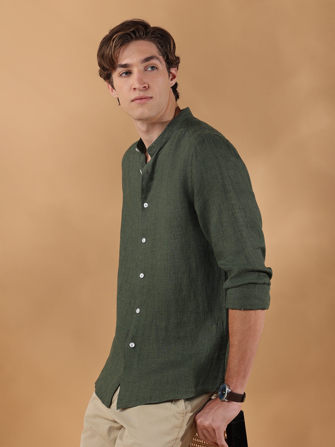 Olive Green Regular Fit Casual Linen shirt for men (MOLAN)