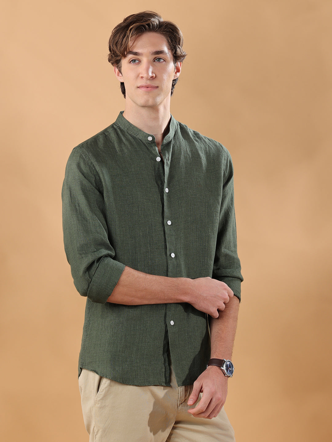 Olive Green Regular Fit Casual Linen shirt for men (MOLAN)